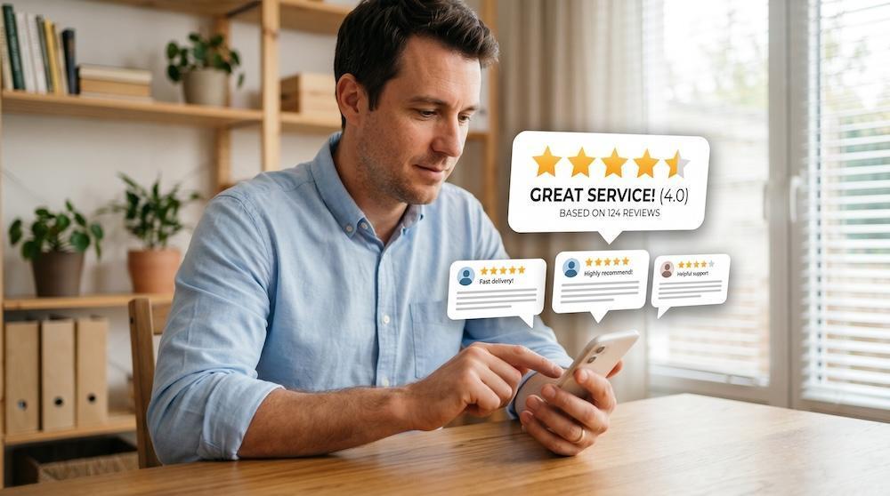 Man reading five-star shop reviews on his smartphone