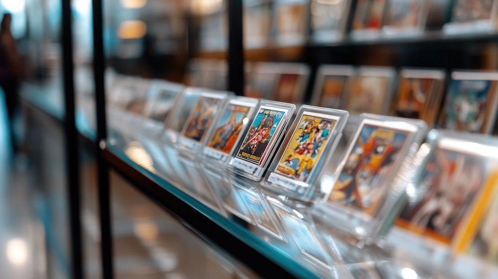 Cards lined up in a display case
