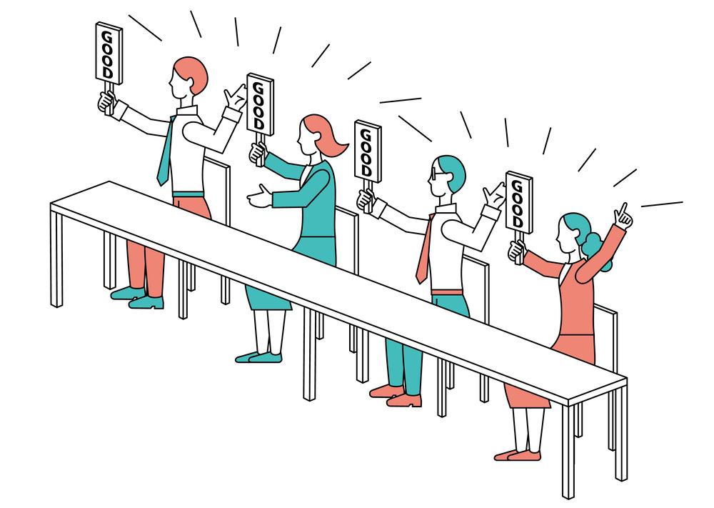 Illustration of people holding up signs